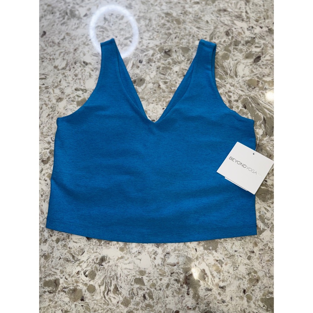 Beyond Yoga Spacedye Focus Cropped Tank blue Heather V-Neck Shelf Bra L 007KK